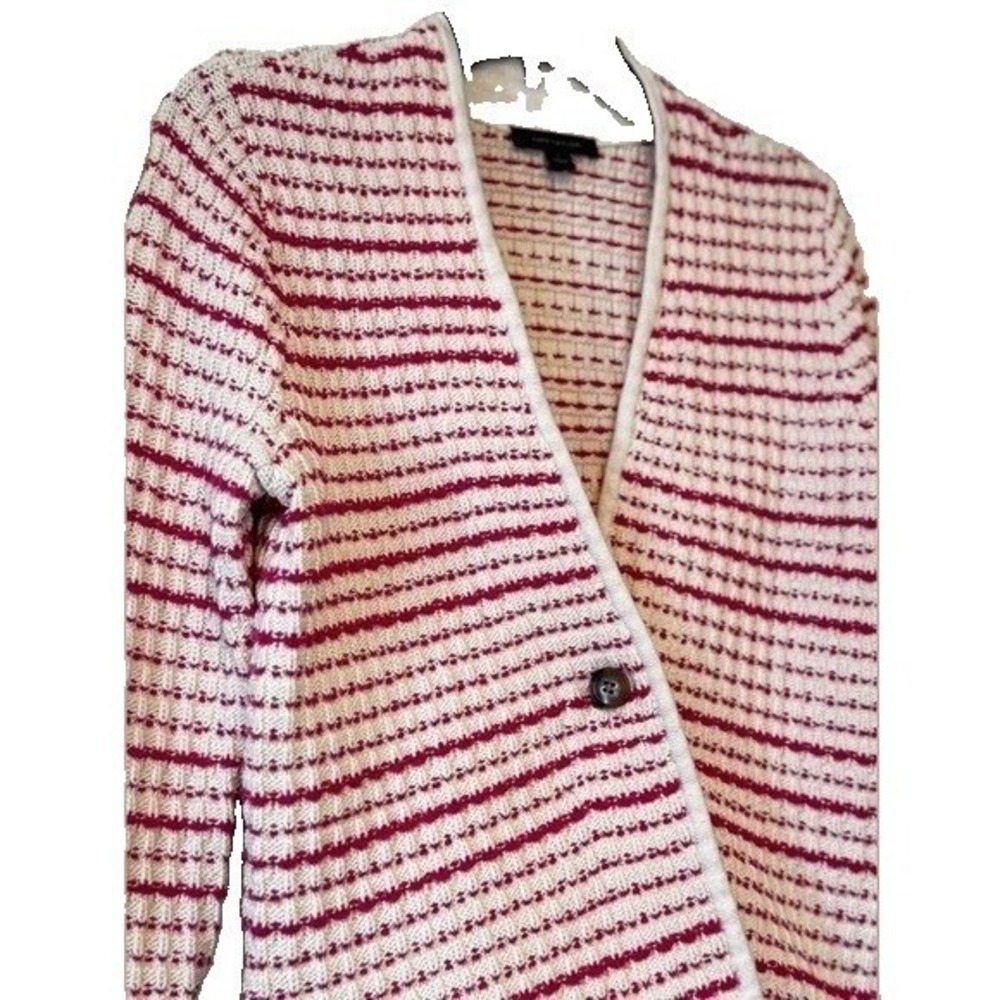 Ann Taylor Pink Ivory Striped Knit Cardigan Sweater Womens Small Single Button